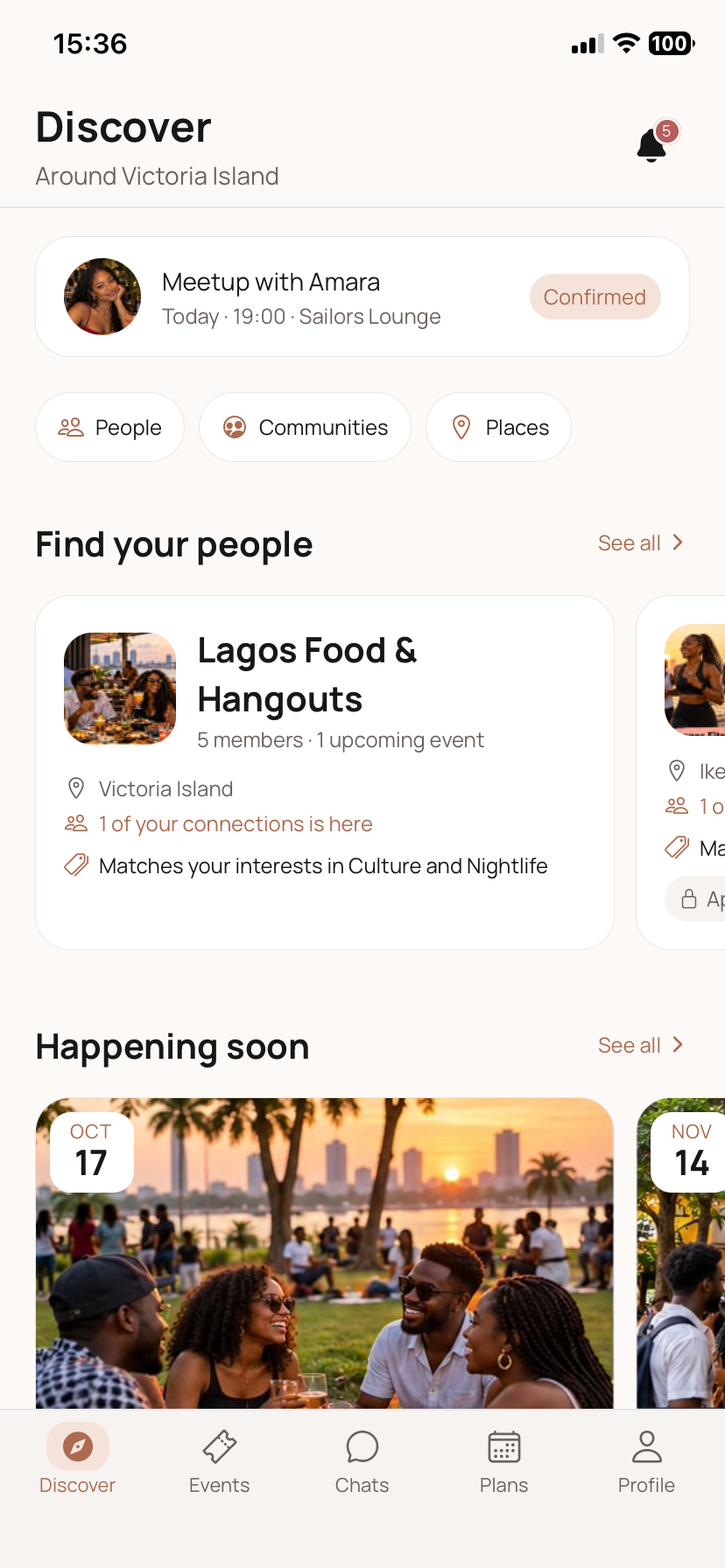 Wendevo Discover screen showing communities and upcoming events