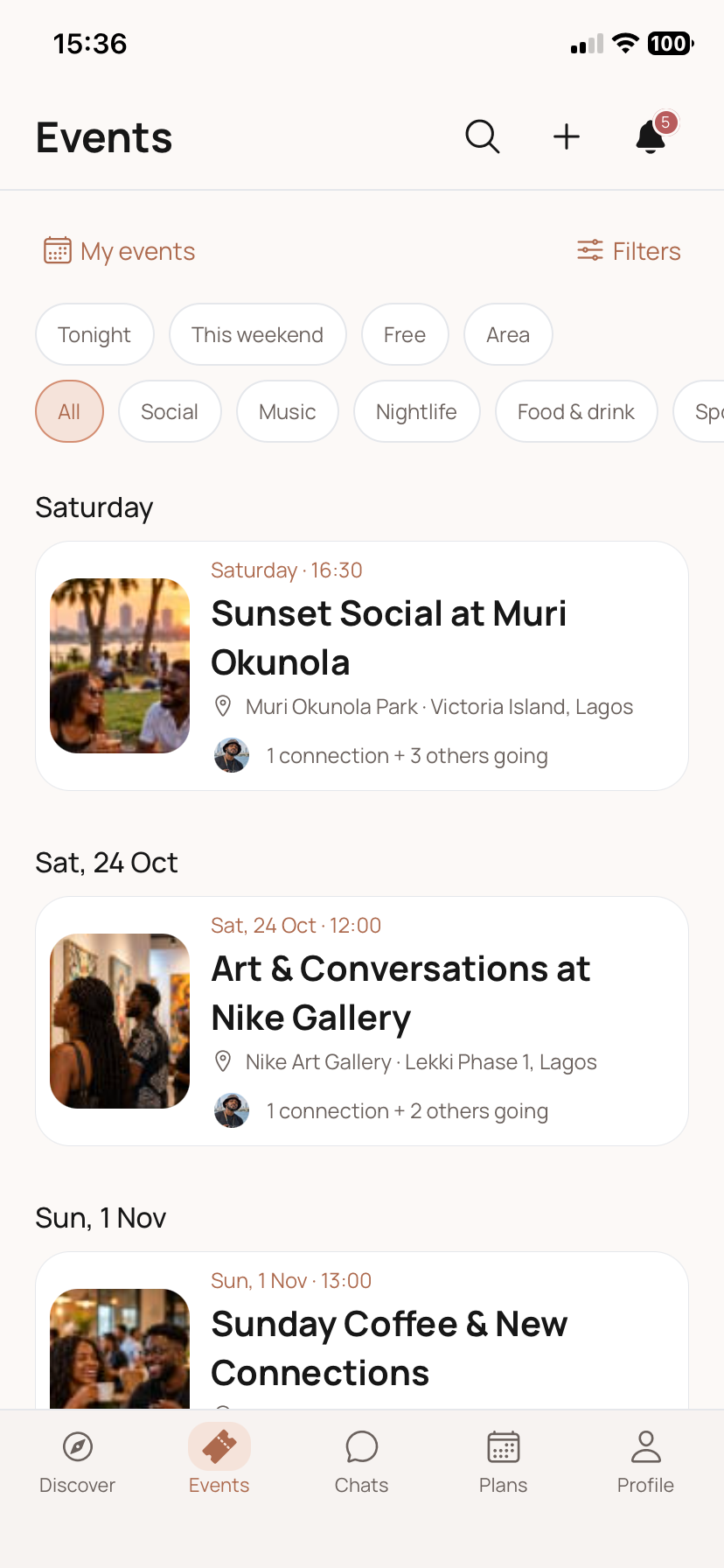 Wendevo Events screen showing upcoming events